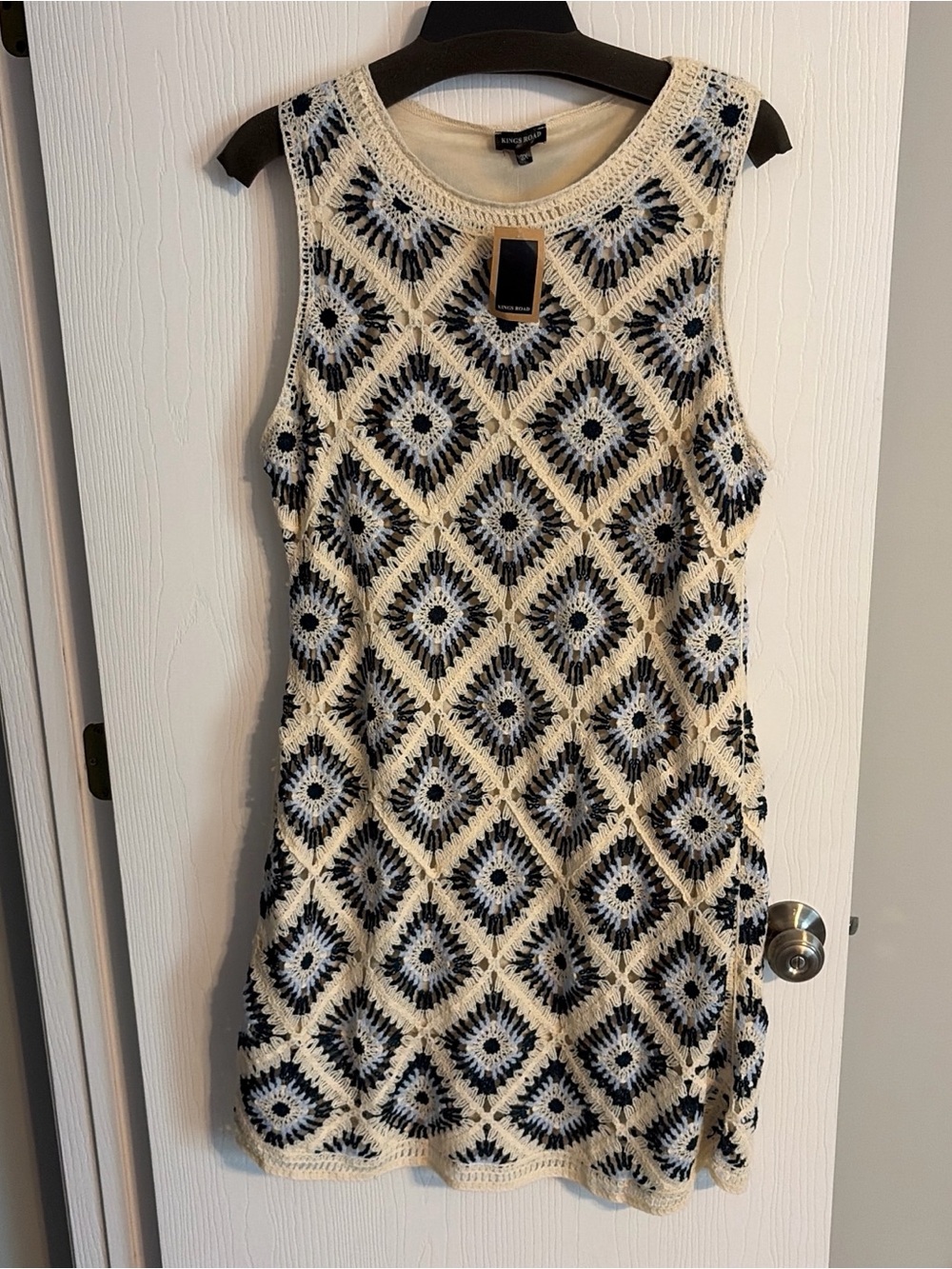 Crochet Diamond Shift Dress in Cream and Blue